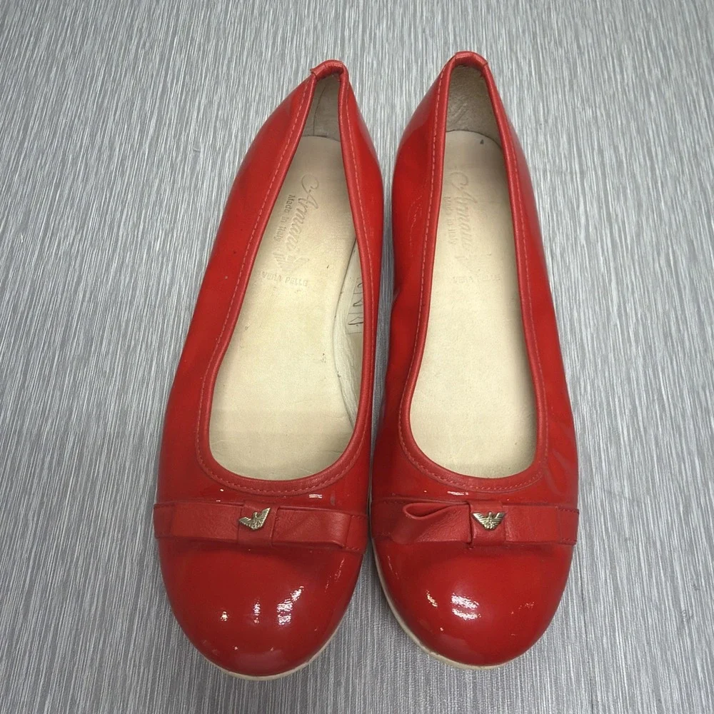 Girls Red Patent Leather Ballet Flats Armani Designer Slip On Shoes EU 34 US 3-4